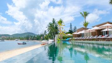 2 outdoor pools, open 8:00 AM to 8:00 PM, pool umbrellas, pool loungers