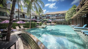 2 outdoor pools, open 8:00 AM to 8:00 PM, pool umbrellas, sun loungers