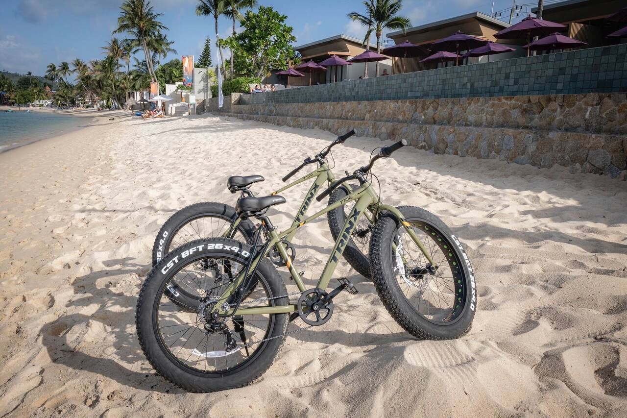 A beachside bicycle with a chain guard and a front suspension fork, parked on sandy beach with a stone wall and umbrellas in the background.
