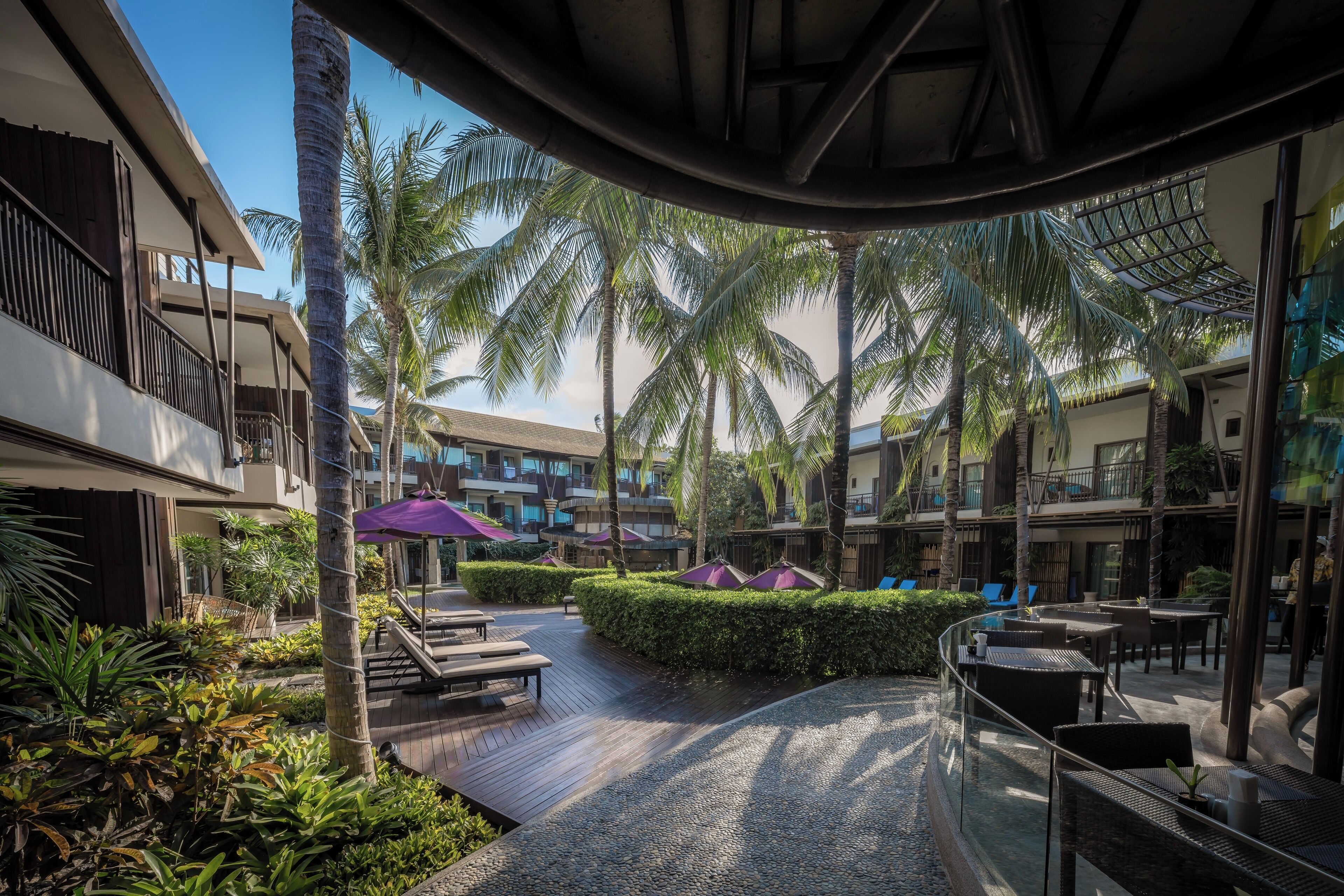 Une cour d’hôtel avec des palmiers, des chaises longues et des espaces de détente en plein air.