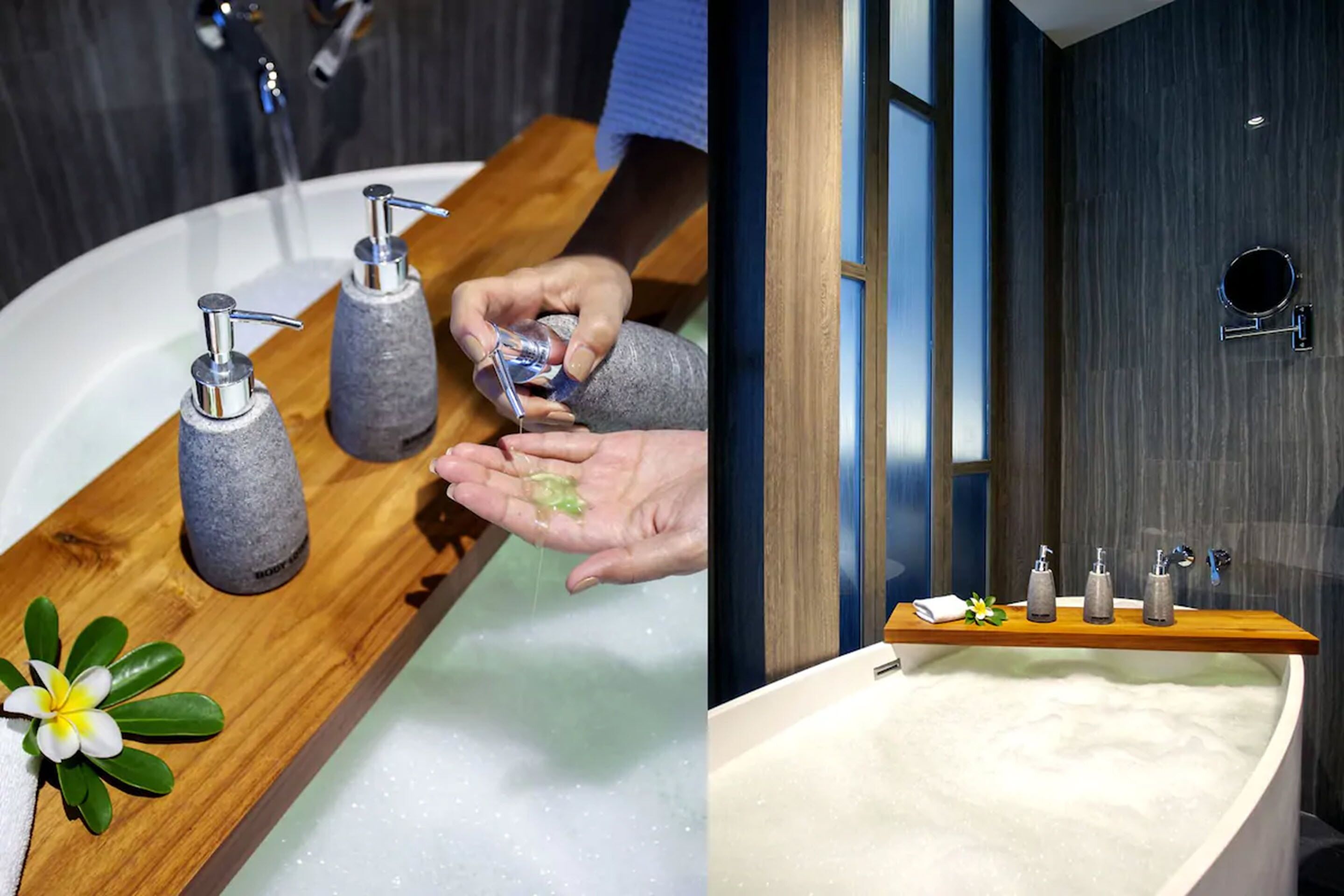 A bathroom with a wooden vanity, a large bathtub, and a mirror.