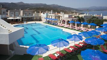 Outdoor pool, pool umbrellas, pool loungers