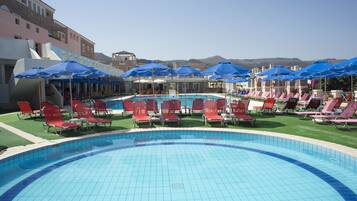 Outdoor pool, pool umbrellas, pool loungers