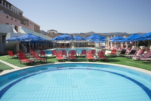 Outdoor pool, pool umbrellas, pool loungers