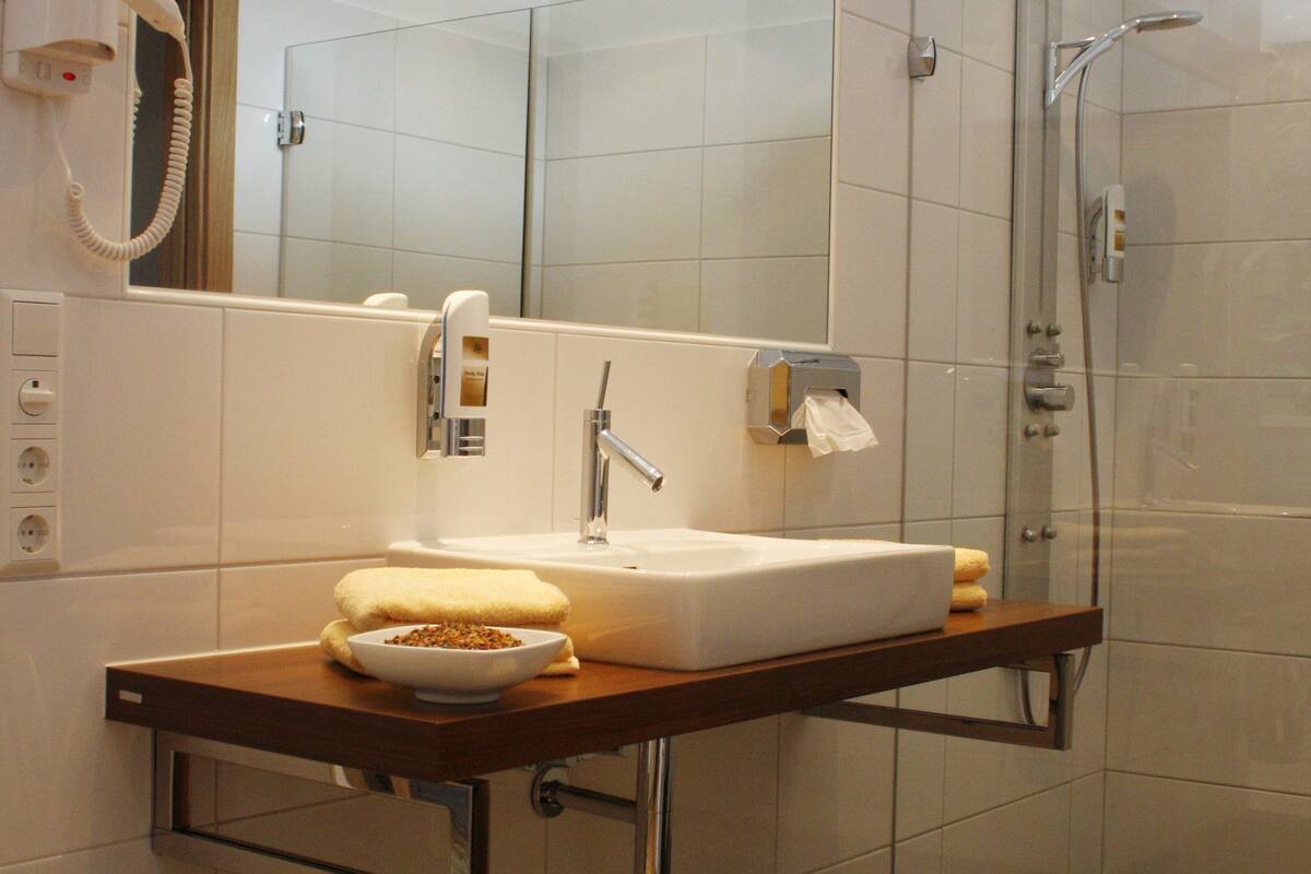 free toiletries, hair dryer, bathrobes, towels