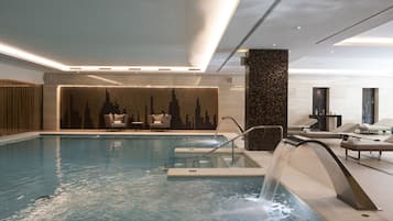 Indoor pool, seasonal outdoor pool, pool umbrellas, pool loungers