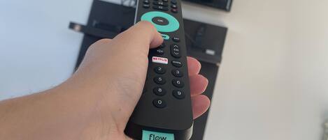 A hand holding a remote control with a 'flow' label at the bottom.
