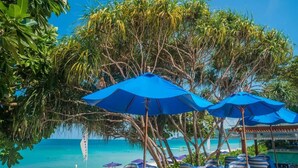 A beachside restaurant with outdoor seating, blue umbrellas, and a view of the ocean. - Synergy Samui (Koh Samui)