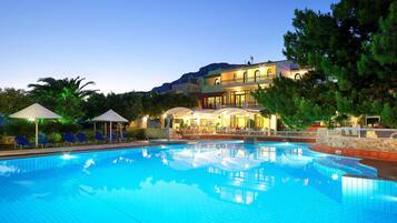 Indoor pool, outdoor pool, pool umbrellas, sun loungers