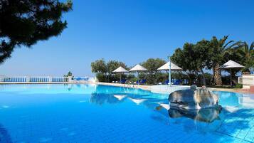 Indoor pool, outdoor pool, pool umbrellas, sun loungers