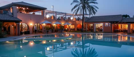 Outdoor pool, pool umbrellas, pool loungers