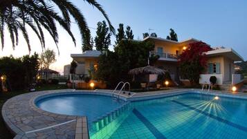 Outdoor pool, pool umbrellas, pool loungers