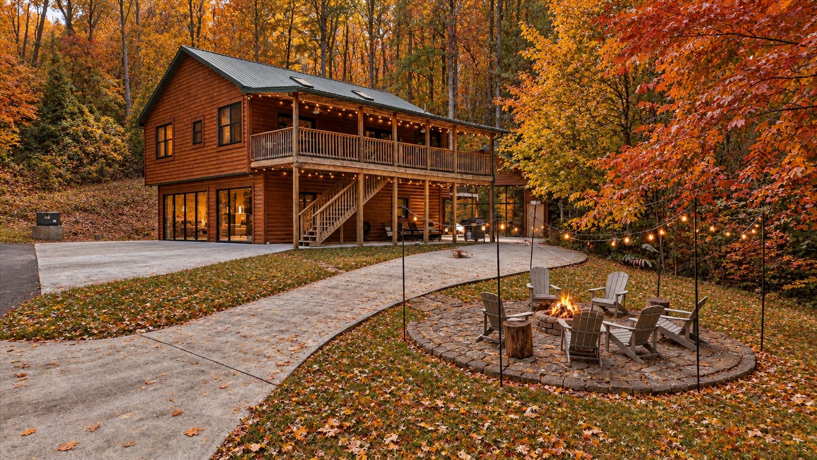 Eine Holzhütte mit Veranda und Sitzgelegenheit im Freien.