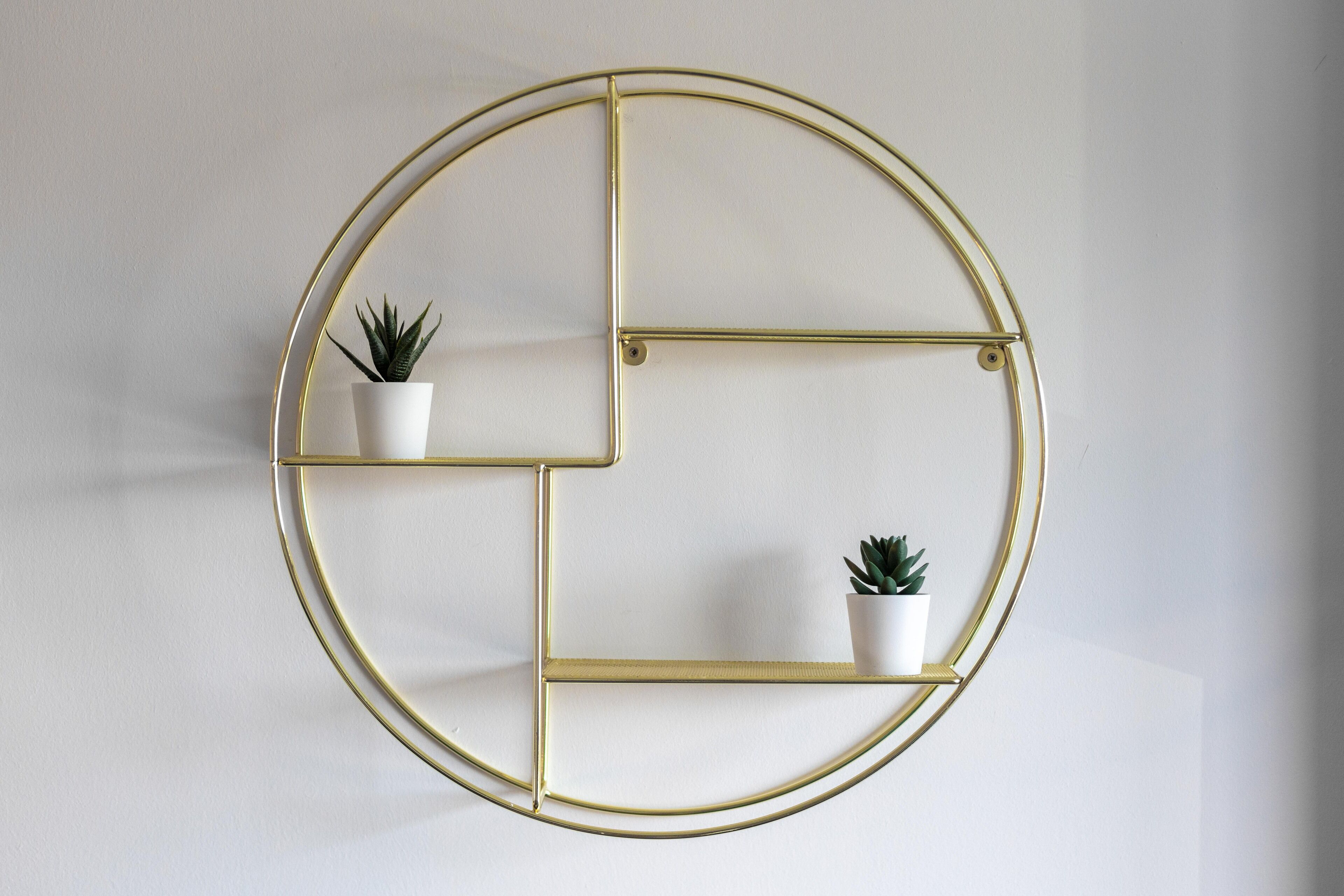 Une étagère circulaire fixée au mur, dotée d’un motif géométrique, et sur laquelle sont posées deux plantes en pot.