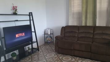 Uma sala de estar com um sofá marrom, uma TV sobre um suporte, ladrilhos de chão estampados, uma pequena planta e um objeto decorativo na parede.