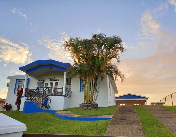 A two-story house with a blue and white exterior, a front porch, and a palm tree in the yard.