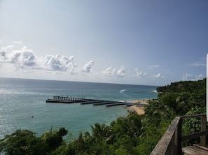 A coastal view with a wooden pier extending into the sea, a sandy beach, and lush greenery.