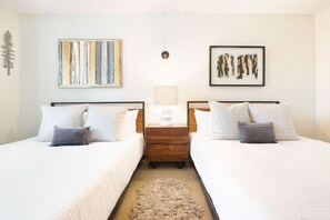 2 bedrooms, memory-foam beds, desk, iron/ironing board