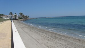 A beach with a paved walkway, palm trees, and a clear blue sky. - Apartment Aldeas Taray Club 4/5 Admer (La Manga del Mar Menor)
