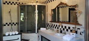 Combined shower/bathtub, jetted bath, hair dryer, bidet