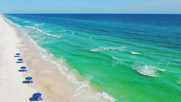 Una playa con una fila de sombrillas azules y sillas de playa a lo largo de la orilla.