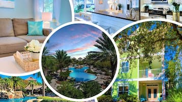 Relax by the inviting pool surrounded by lush greenery and palm trees, with a well-appointed kitchen and comfortable living area nearby.