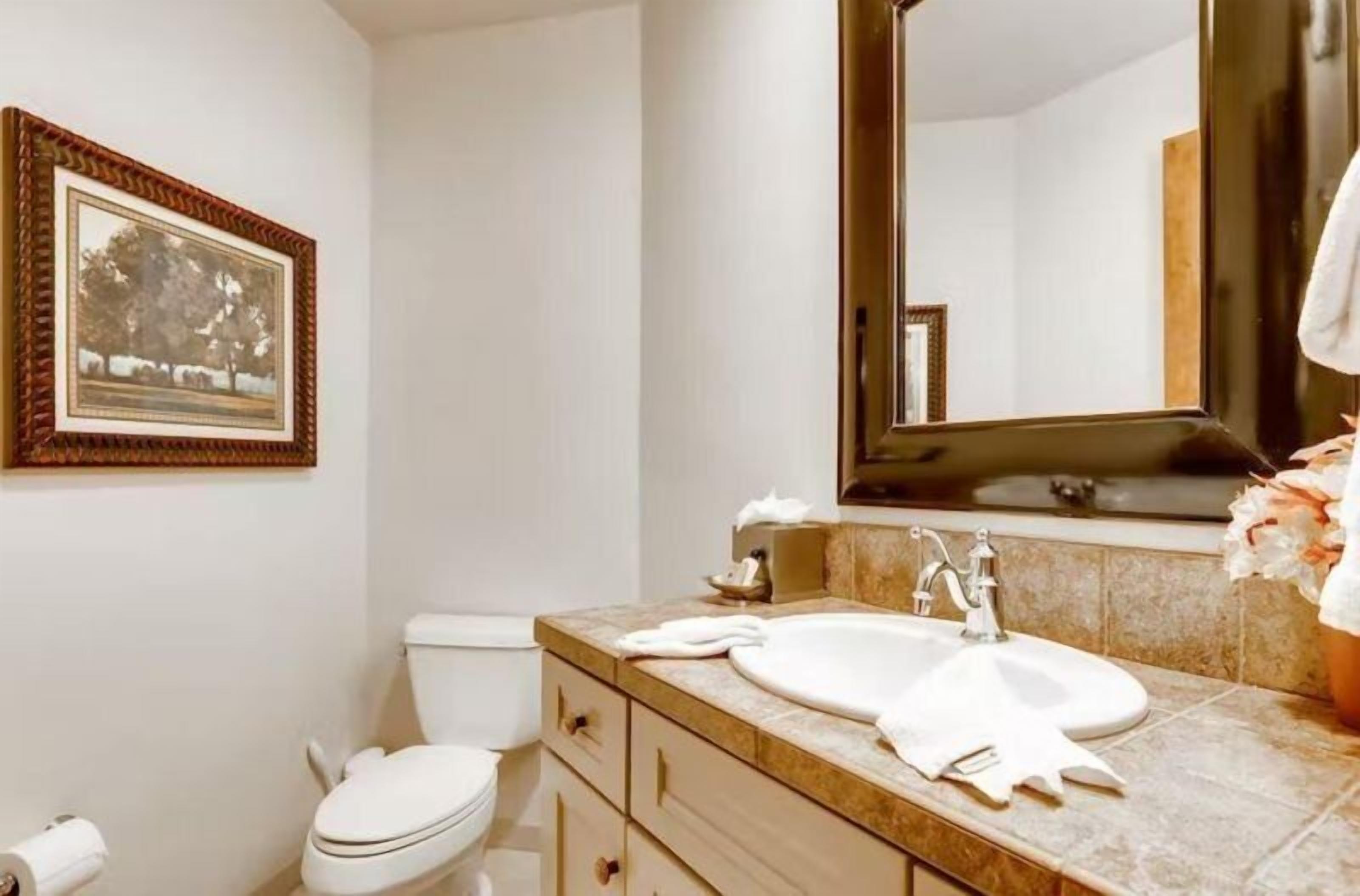 A bathroom with a toilet, sink, and mirror. There is a framed picture on the wall and a towel on the counter.