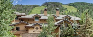 Stunning traditional architecture with a grand entrance and forested hillside views.