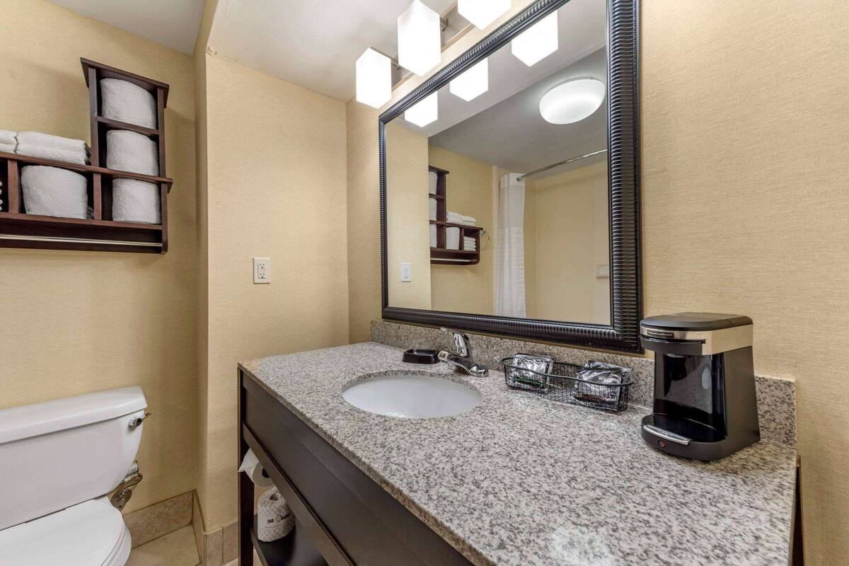 room, 1 king bed, accessible, non smoking (mobility/hearing, bathtub w/grab bars) | bathroom | combined shower/bathtub, free toiletries, hair dryer, towels