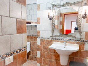 Hair dryer, towels, soap, toilet paper
