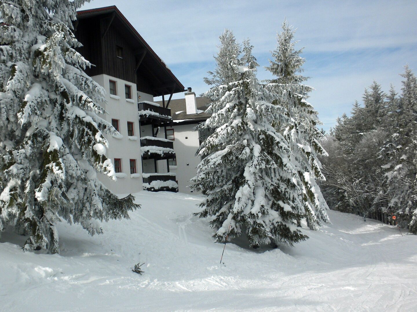 Ein schneebedecktes Gebäude mit mehreren Balkonen, umgeben von schneelastigen Bäumen.