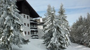 A snow-covered building with multiple balconies, surrounded by snow-laden trees.