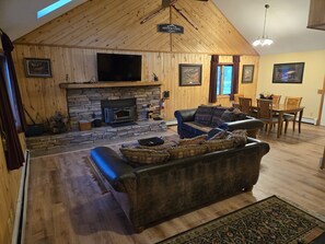 Televisio, takka, DVD-soitin, kirjoja