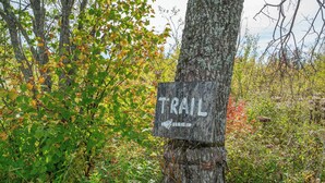 Un panneau indicateur sur un sentier, dans une zone boisée.