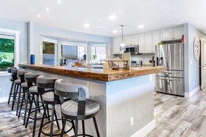 Fridge, microwave, oven, stovetop - Dog-Friendly Home with Canal Views, Game Room, Furnished Deck, Hot Tub & Patio (Union)