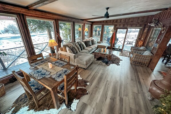 TV, fireplace, books