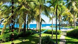 A tropical resort with a pool, palm trees, and a clear view of the ocean. - Casa Nina Oceanfront Villa-a Paradise in Sosua, DR. (Sosúa)