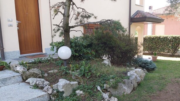 Una escalera de piedra que conduce a una puerta de madera, rodeada por un jardín con diversas plantas y una lámpara esférica.