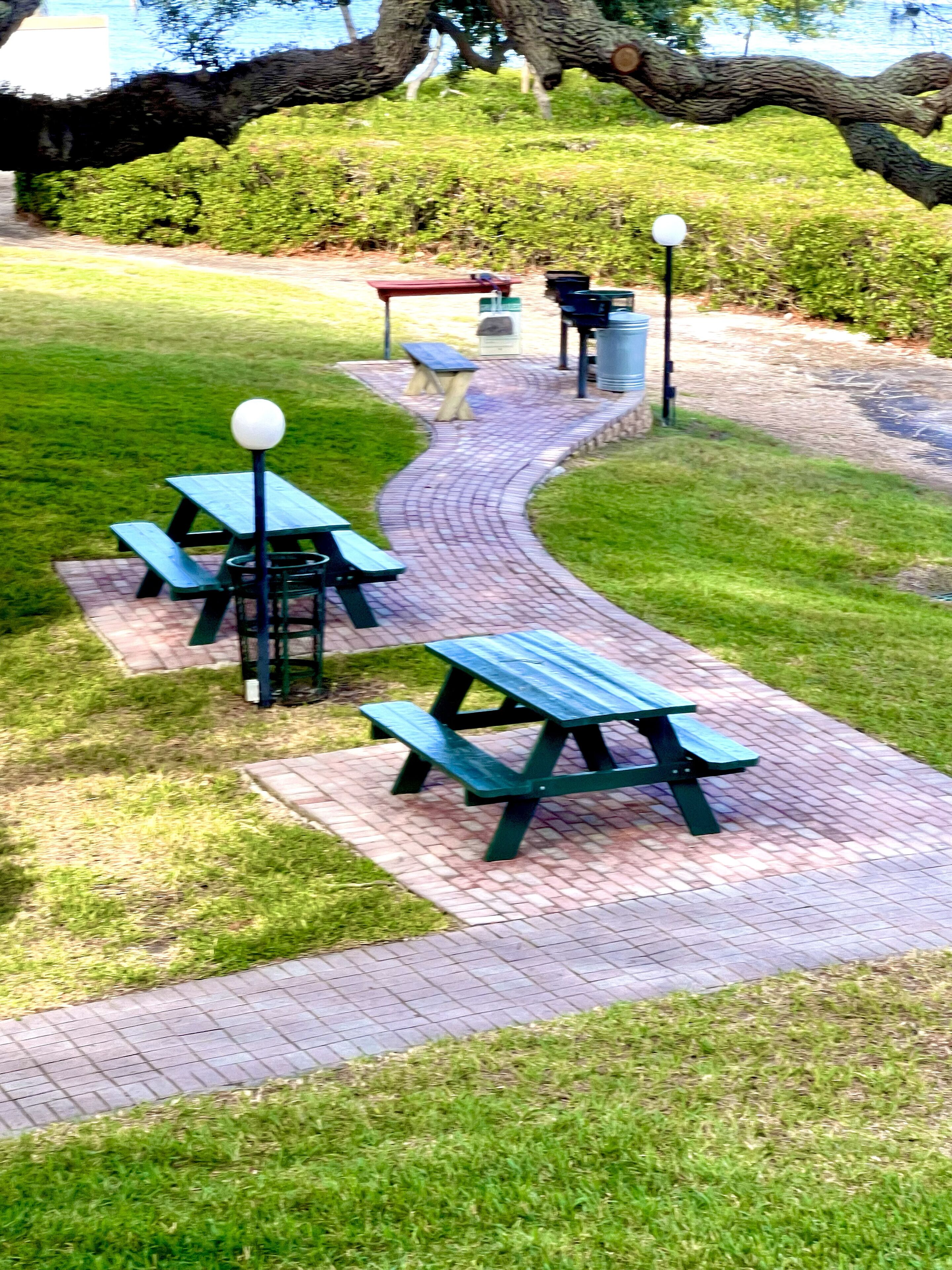 A picnic area with benches and a pathway.
