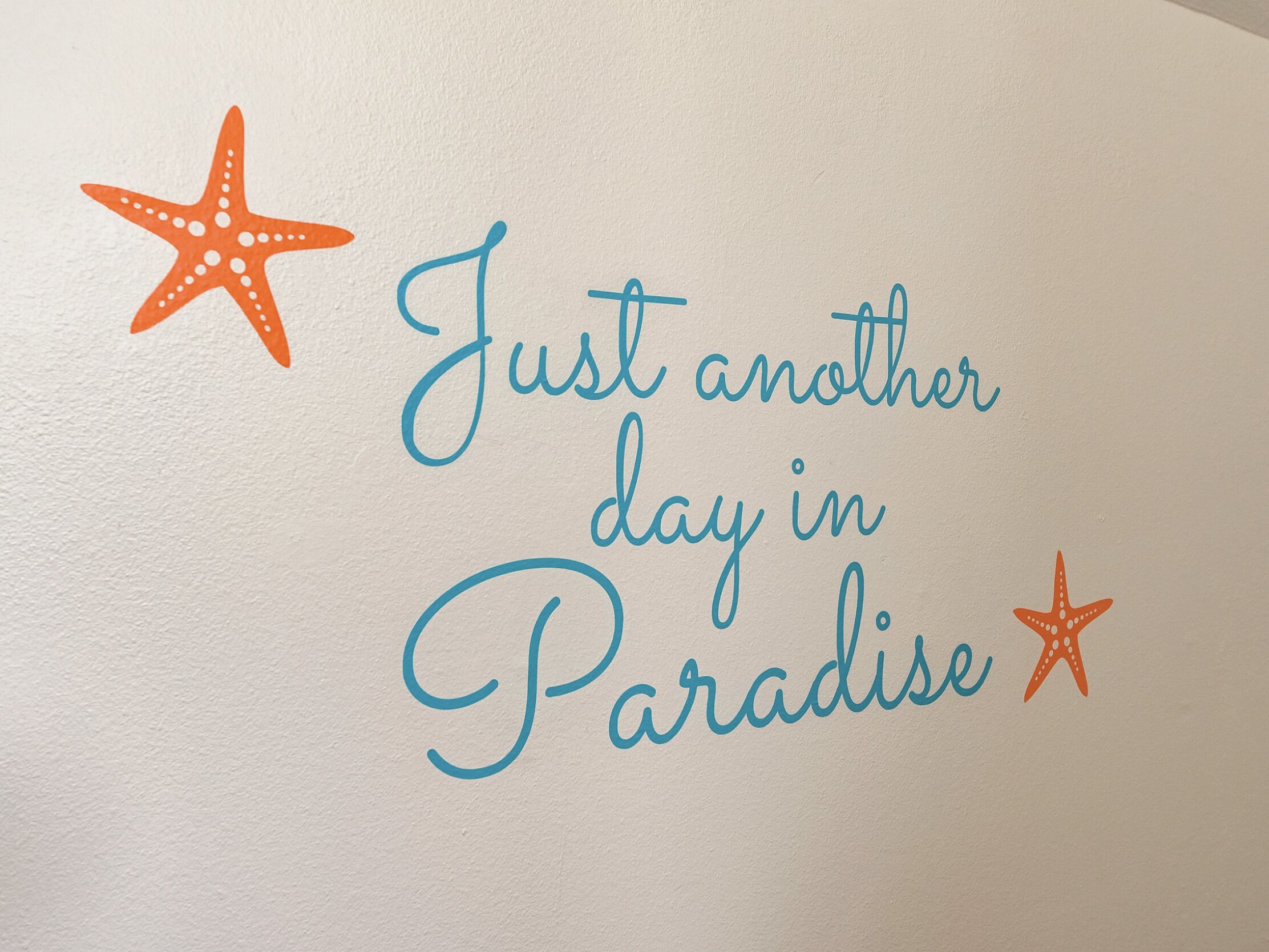 A wall with a decorative phrase 'Just another day in Paradise' and two starfish graphics.