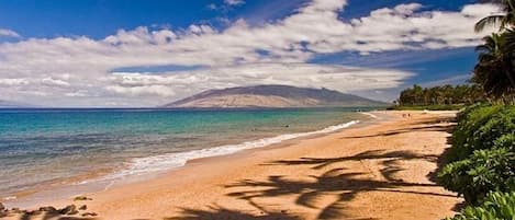 On the beach, sun loungers, beach towels