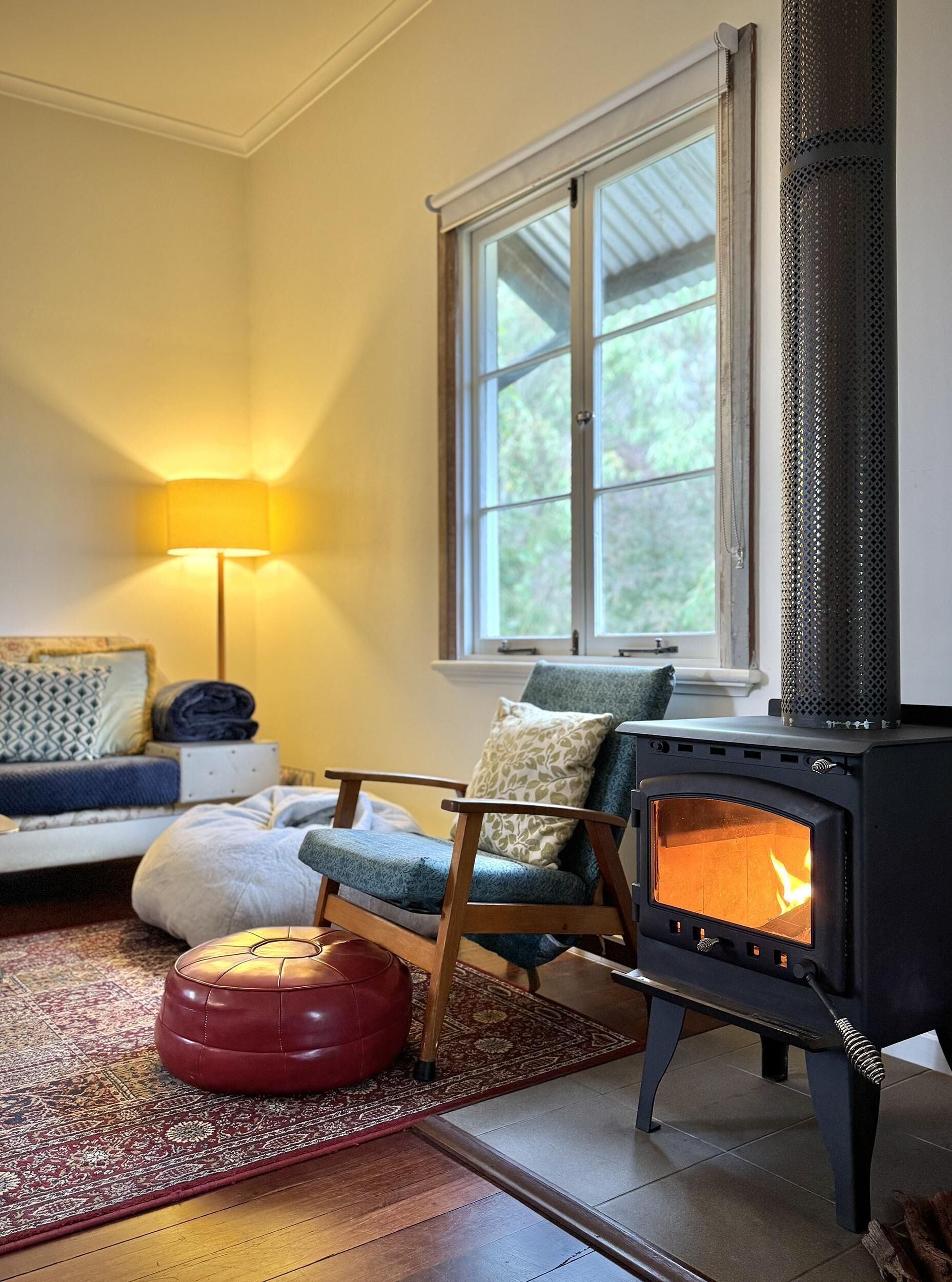 TV connectée, cheminée, lecteur de DVD, livres