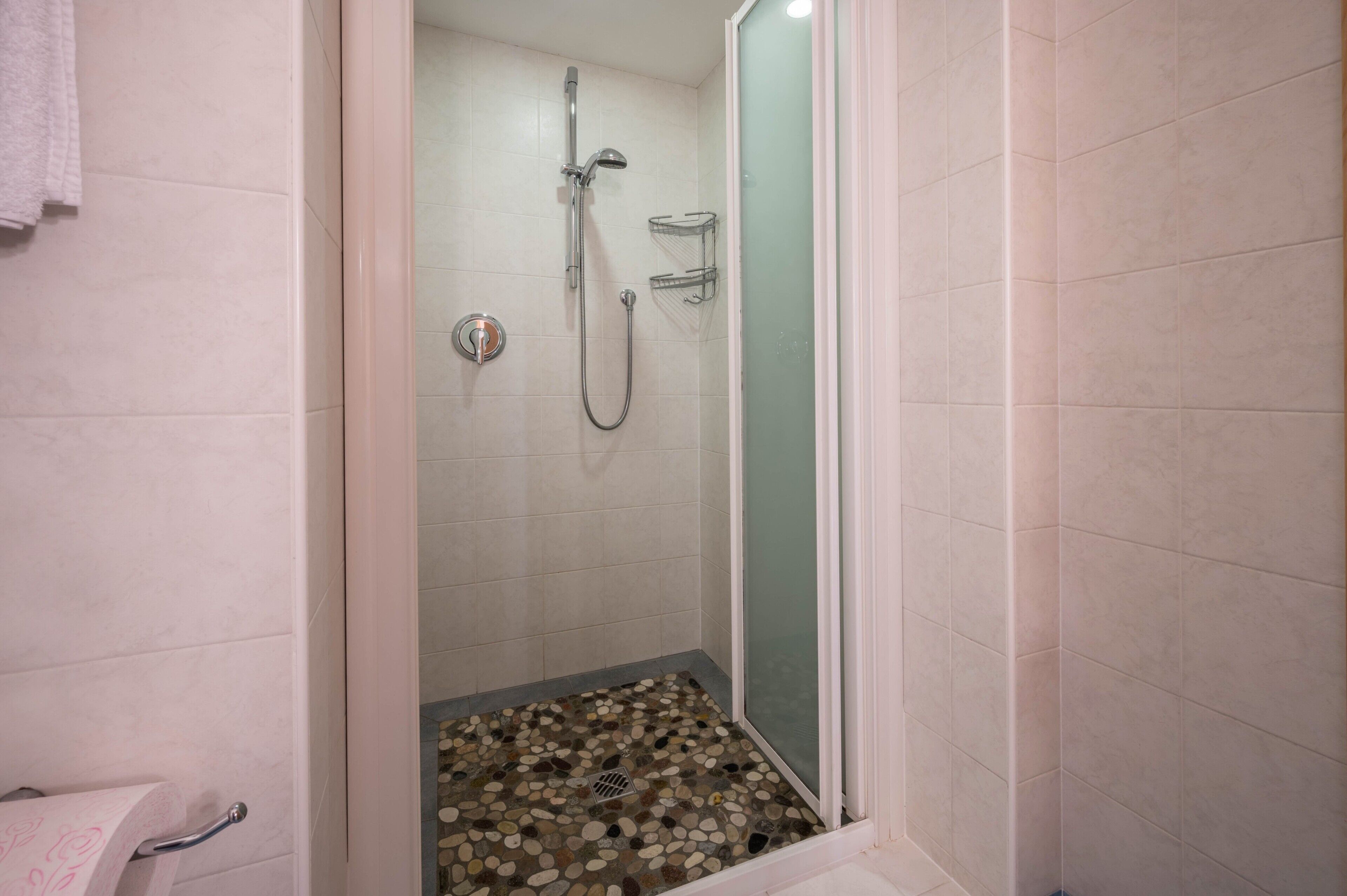 Una ducha con puerta de cristal, cabezal de ducha metálico y suelo de baldosas.
