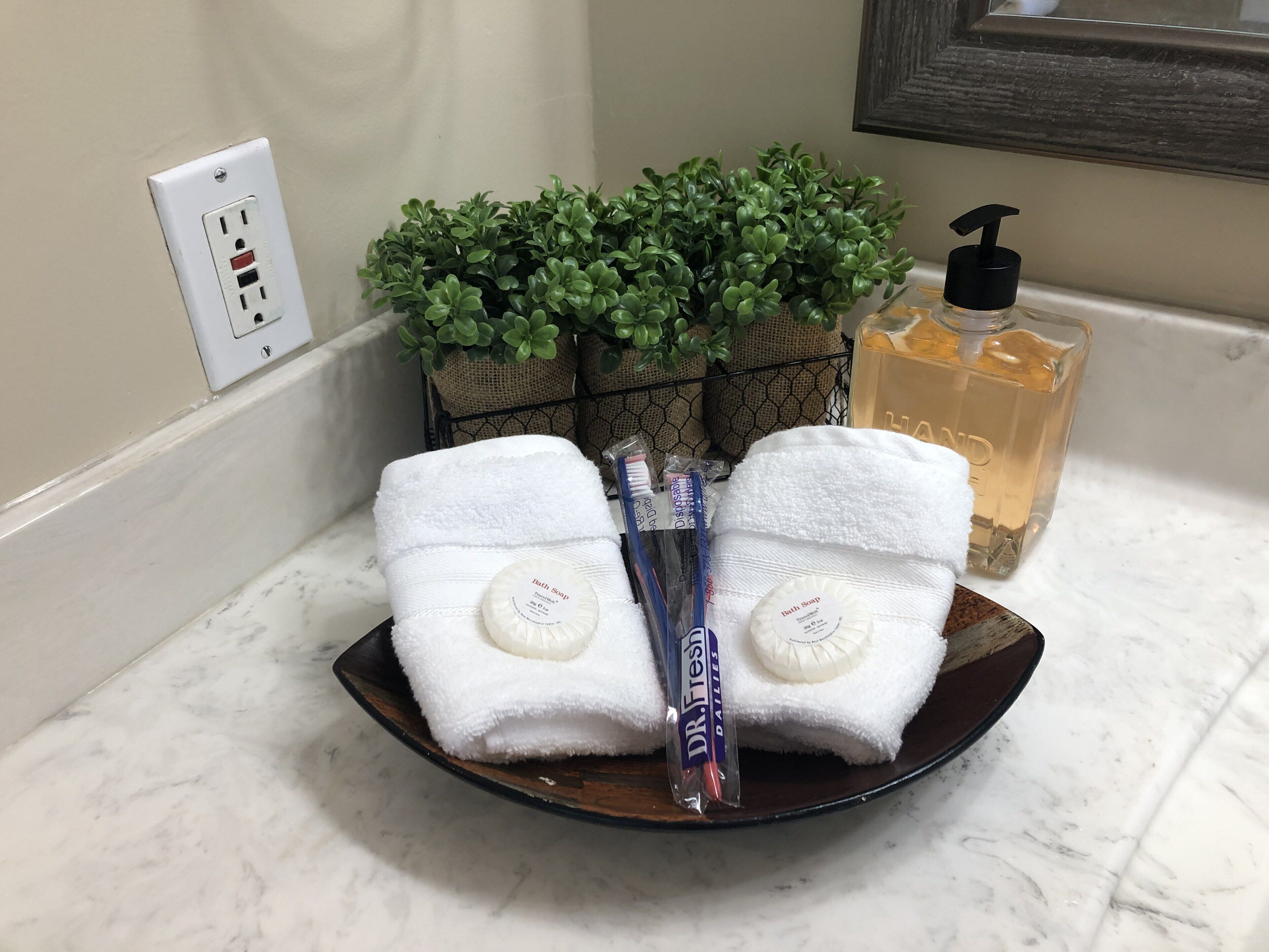 Un meuble de salle de bain avec une serviette blanche, une bouteille de savon de bain de la marque Dr. Fresh et une petite plante en pot.