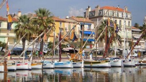 A marina with several boats docked, a building with a red roof, and palm trees in the background.