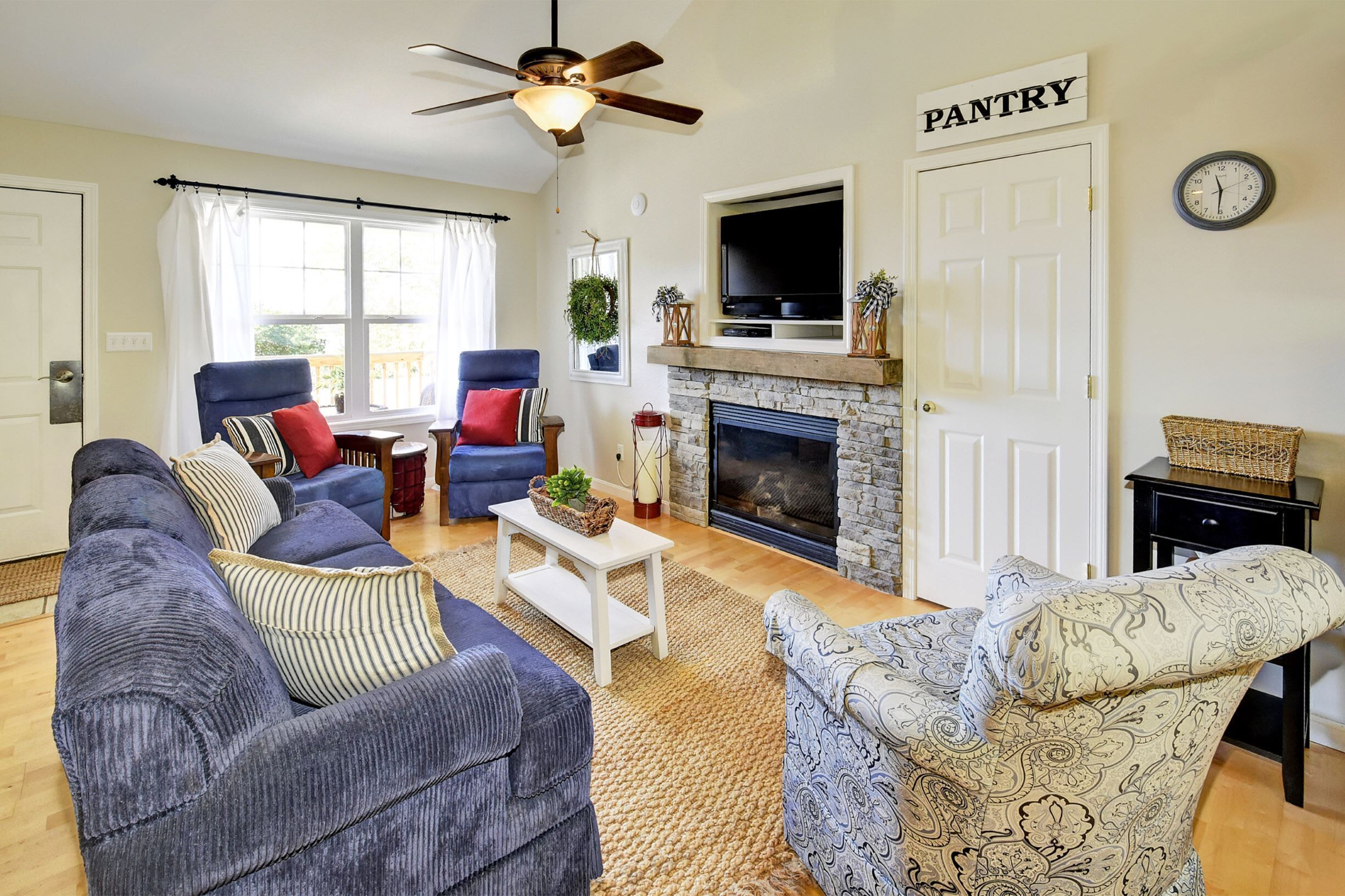 Televisio, takka, DVD-soitin, kirjoja