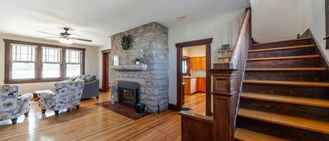 TV connectée, cheminée, lecteur de DVD, livres