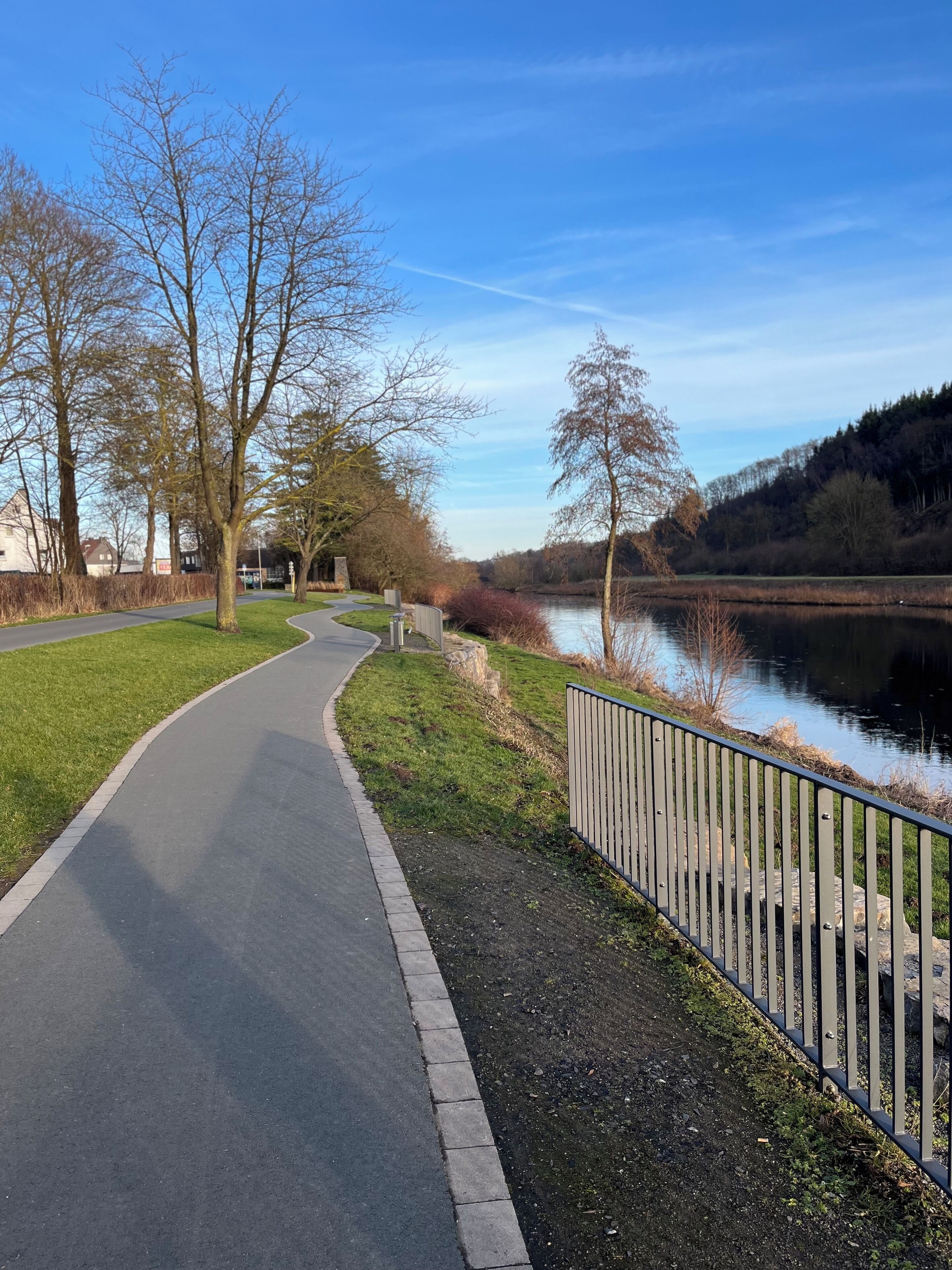 A paved walkway alongside a river, bordered by trees and a metal fence.