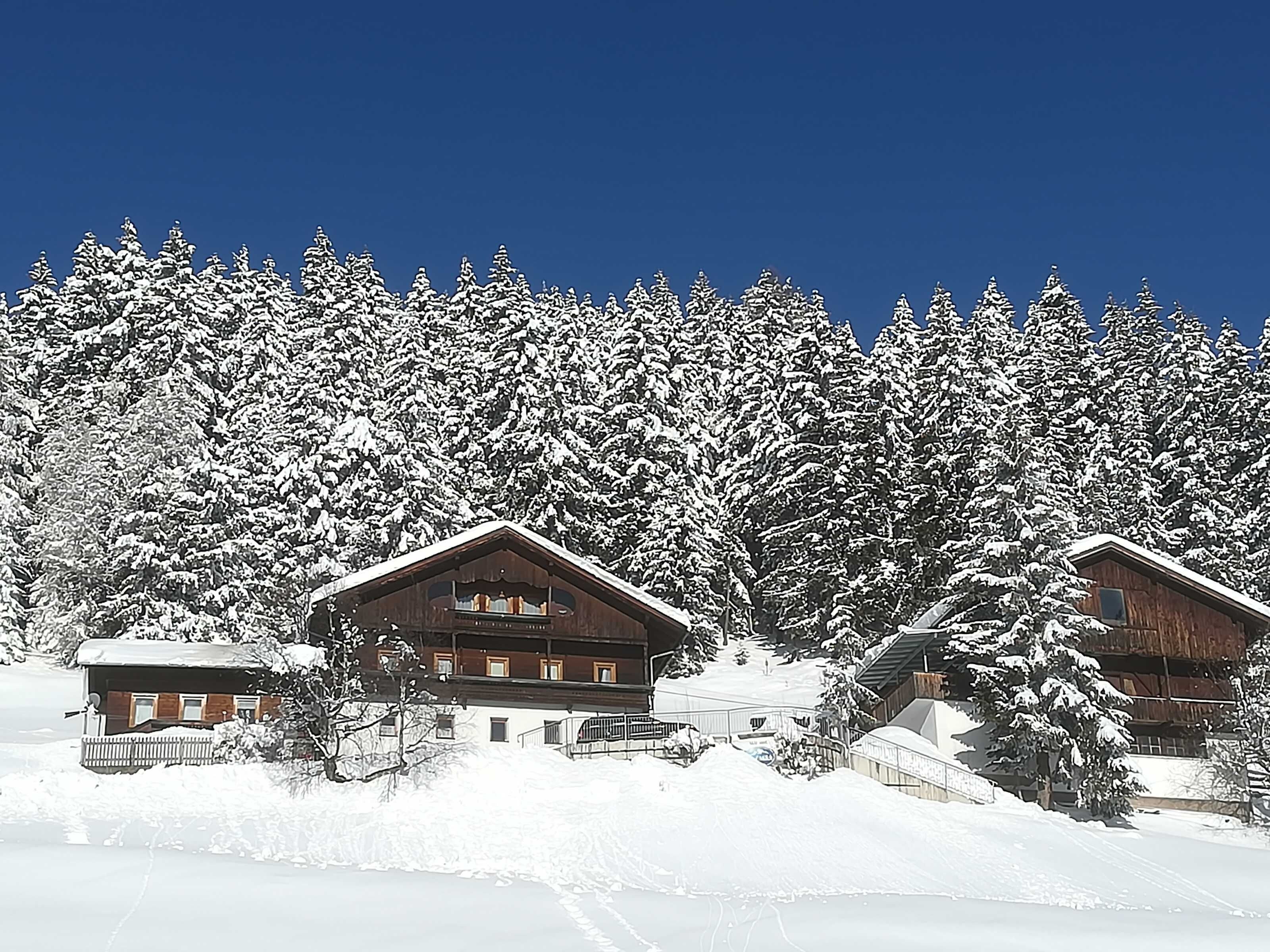 Eine schneebedeckte Lodge mit mehreren Holzhütten, umgeben von dichten immergrünen Bäumen.