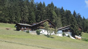 A wooden chalet with a sloped roof, surrounded by a grassy field and dense forest. - Wohnung Ost - Haus Lukasser (Kosten)